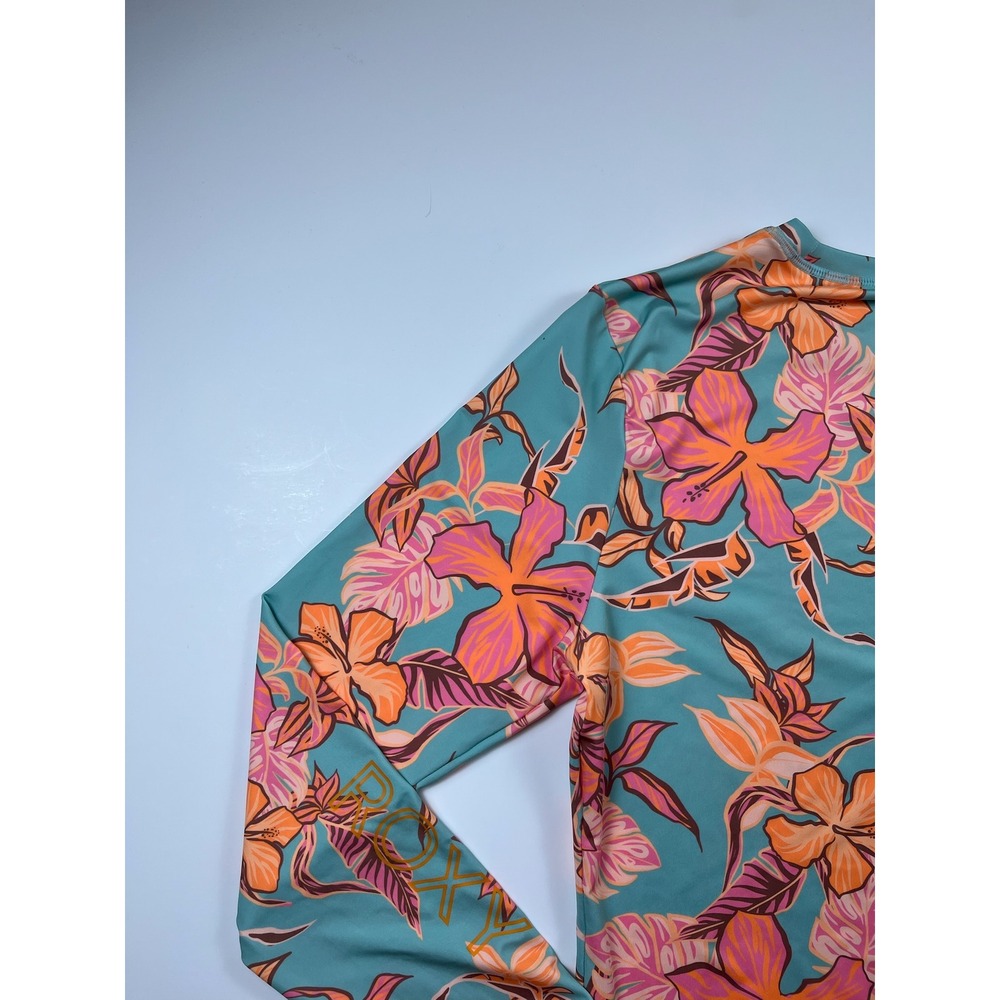 Roxy Womens Long Sleeve Rash Guard Teal Orange Pink Hibiscus Floral Swim Top M - Picture 8 of 12